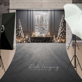 Aperturee - Aperturee Elegant Christmas Window Sweep Photo Backdrop Gray Room with Snowy View and Xmas Trees Holiday Studio Prop